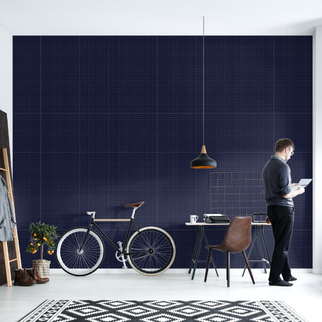 Modern Cool Minimalist Donker Navy Blauw Geruit Behang (Woonkamer)