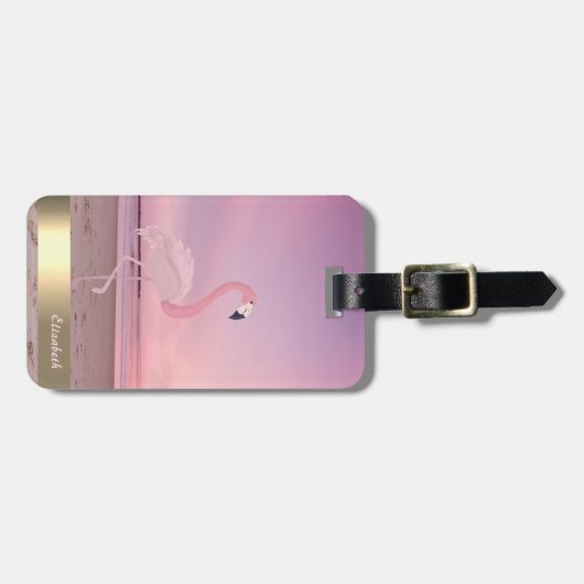 Modern Cool Pink Flamingo Beach Sunset Bagagelabel (Voorkant horizontaal)