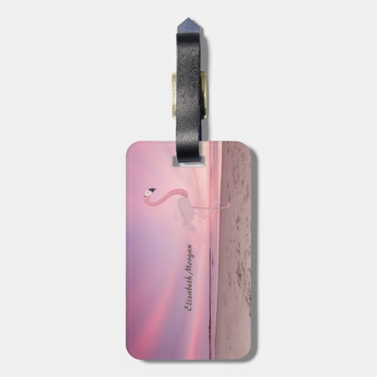 Modern Cool Pink Flamingo Beach Sunset Bagagelabel (Achterkant verticaal)