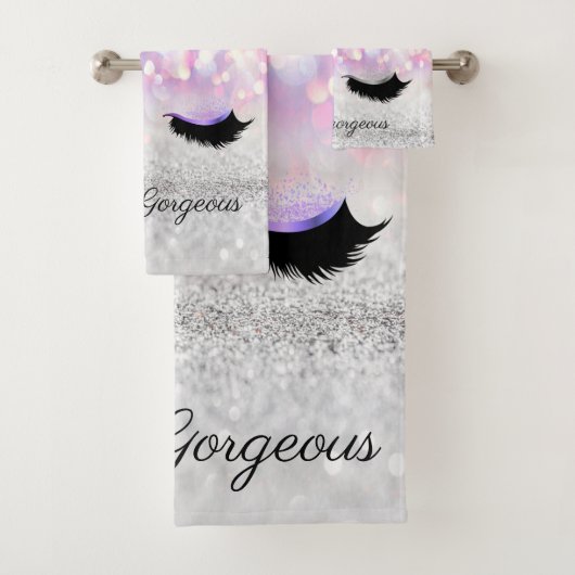 Modern Cool Pink Silver Glitter Bokeh, Faux Lashes Bad Handdoek (Insitu)