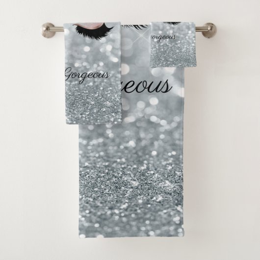 Modern Cool Silver Glitter Bokeh, Faux Lashes Bad Handdoek (Insitu)