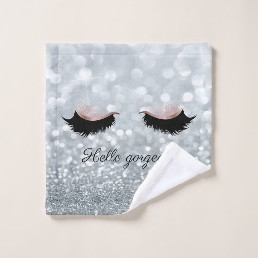 Modern Cool Silver Glitter Bokeh, Faux Lashes Bad Handdoek (Wasdoekje)