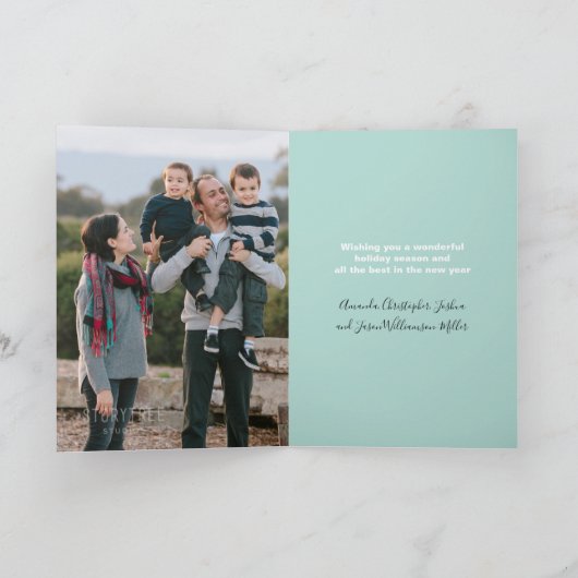 Modern Cool Yule Script Lichtgroene Bomen Foto Feestdagen Kaart (Binnen)