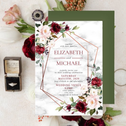 Modern Copper Geometric Burgundy Elegant Wedding Kaart