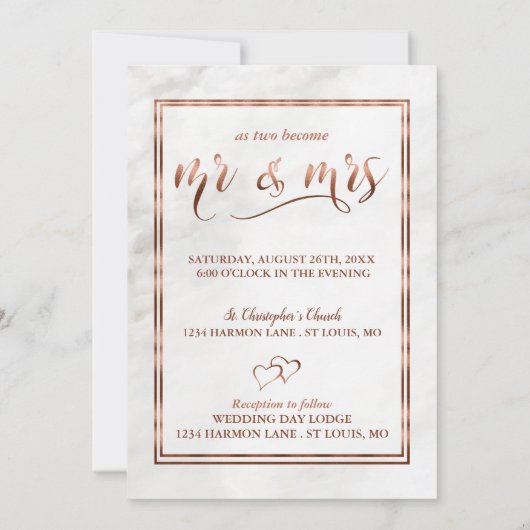Modern Copper & Italy Marble Wedding Inspiration Kaart (Achterkant)