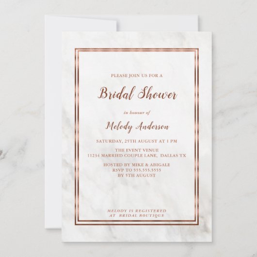 Modern Copper & Italy Marble Wedding Inspiration Kaart (Achterkant)