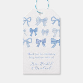 Modern Coquette Blue Bows Baby shower Favoriet Tag Cadeaulabel