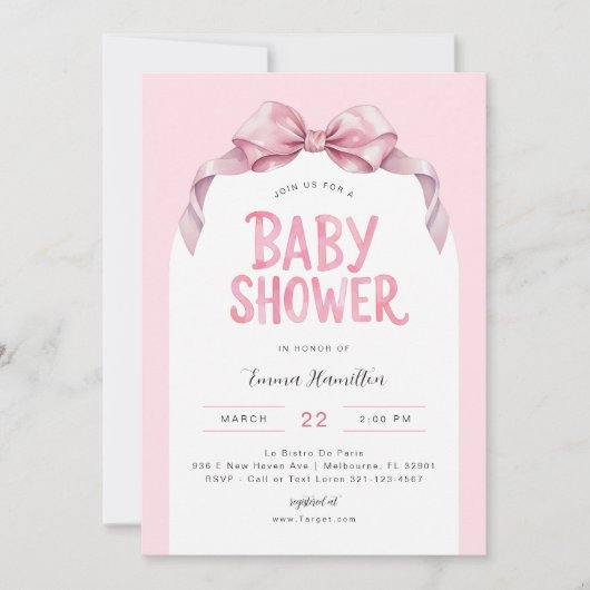 Modern Coquette Bow Baby shower Uitnodiging - Scha (Voorkant)