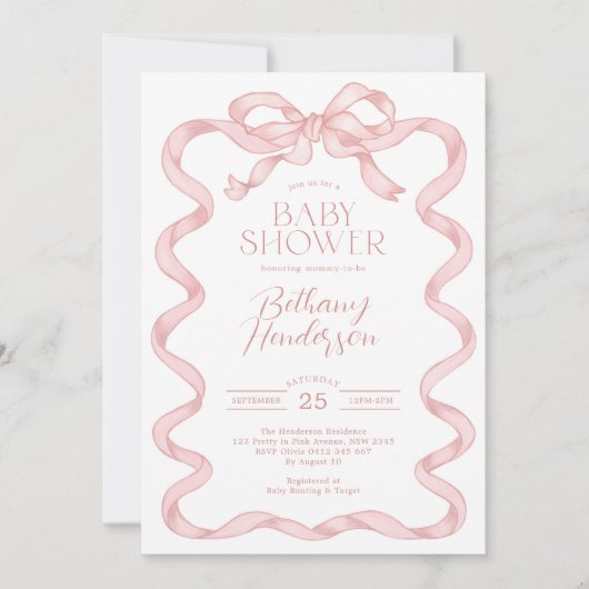 Modern Coquette Roze Bow Girl Baby shower Kaart (Voorkant)