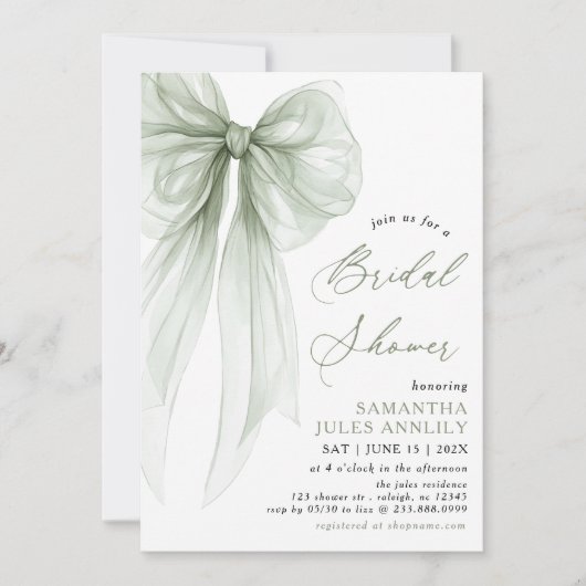 Modern Coquette Sage Green Bow Vrijgezellenfeest Kaart (Voorkant)