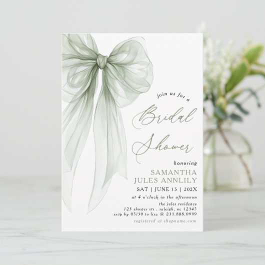 Modern Coquette Sage Green Bow Vrijgezellenfeest Kaart (Staand voorkant)