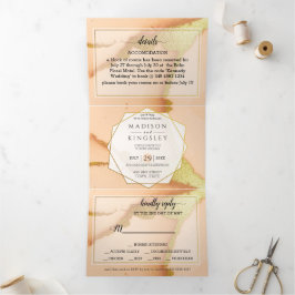 Modern Coral Abstract 🌸 Inky Oil Wedding Drieluik Uitnodiging