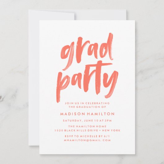 Modern Coral Brush Script Graduation Party Kaart (Voorkant)