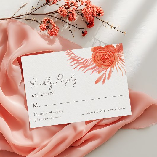 Modern Coral Floral  Wedding RSVP Card Kaartje