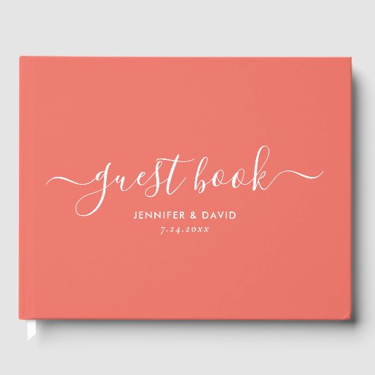 Modern Coral Minimalist Script Wedding Guest Book Gastenboek (Voorkant)