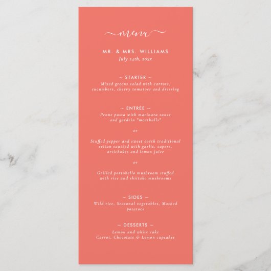 Modern Coral Minimalist Wedding Menu (Voorkant)