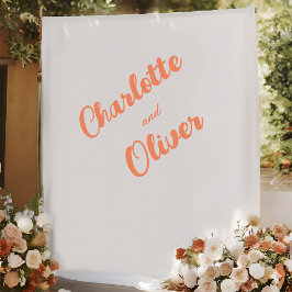 Modern Coral Orange Couple Names Wedding Backdrop Wandkleed