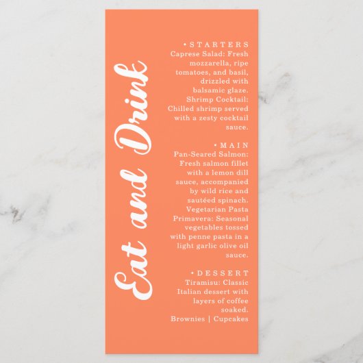 Modern Coral Orange Eat and Drink Wedding Menu (Voorkant)