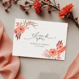 Modern Coral Orange Floral Terracotta Wedding Bedankkaart
