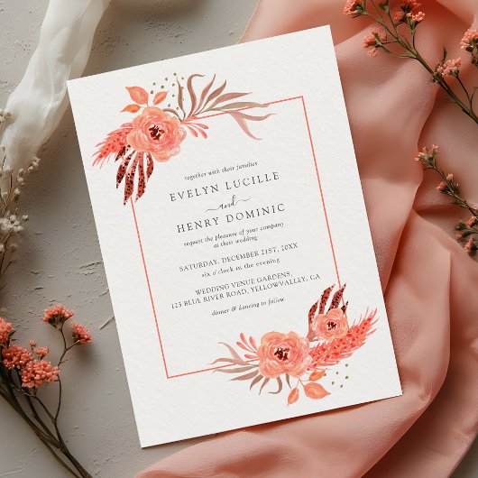 Modern Coral Orange Floral Terracotta Wedding Kaart