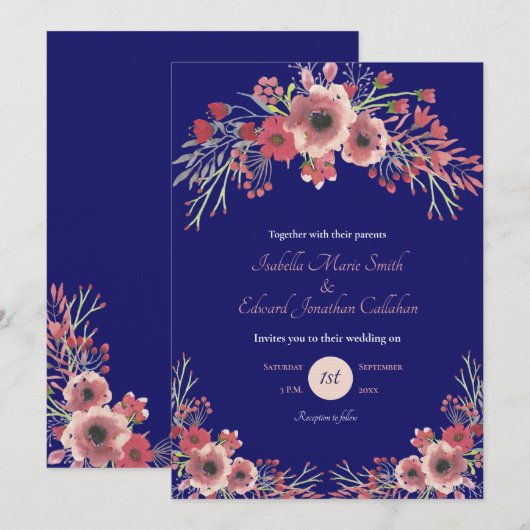 Modern Coral Peony Floral Navy Wedding Kaart (Voorkant / Achterkant)