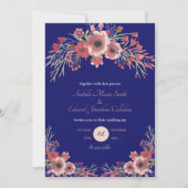 Modern Coral Peony Floral Navy Wedding Kaart (Voorkant)