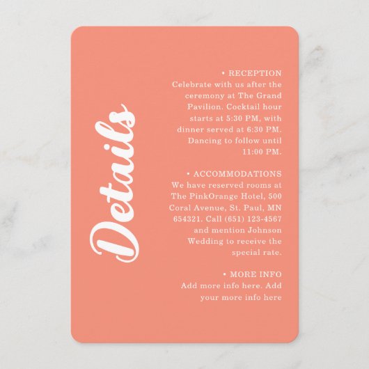 Modern Coral Pink Groovy Script Wedding Details Informatiekaartje (Voorkant)