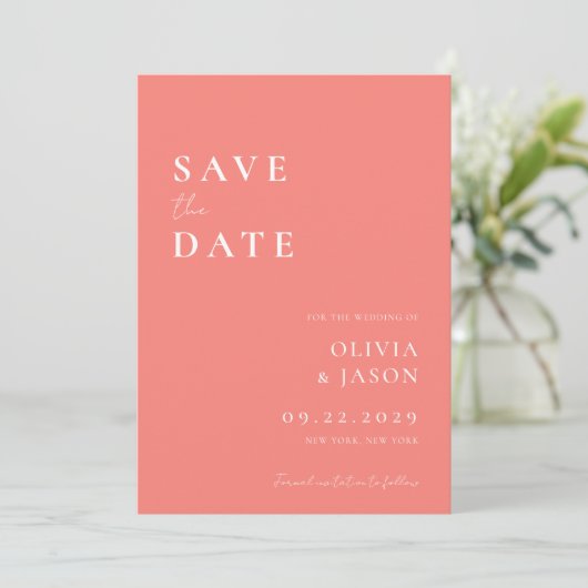Modern Coral Pink Minimal Wedding Save The Date (Staand voorkant)