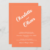 Modern Coral Union Script Orange Wedding Kaart (Voorkant / Achterkant)