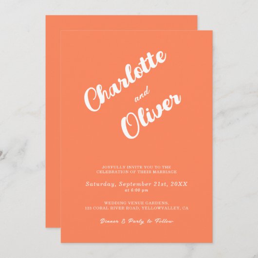 Modern Coral Union Script Orange Wedding Kaart (Voorkant / Achterkant)