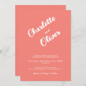 Modern Coral Union Script Pink Wedding Kaart (Voorkant / Achterkant)