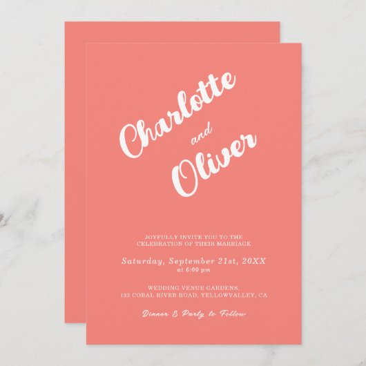 Modern Coral Union Script Pink Wedding Kaart (Voorkant / Achterkant)