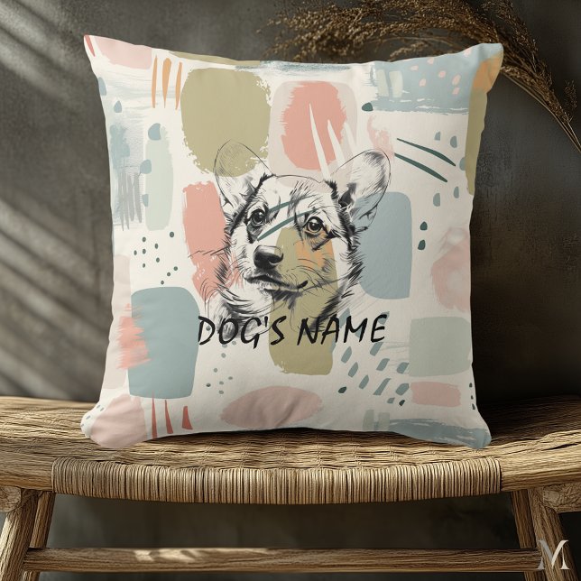 Modern Corgi Portret – Abstracte Pastelkwaststreke Kussen (Creator heeft geüpload)