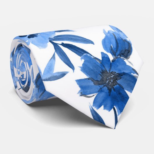 Modern Cornflower Blue Trendy Floral Stropdas (Opgerold)