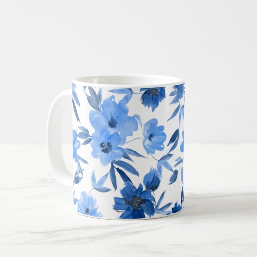 Modern Cornflower Royal Blue Floral Koffiemok (Voorkant links)