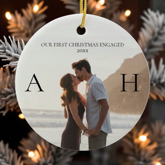 Modern Couple 2 Photo First Christmas Engaged Keramisch Ornament
