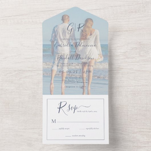 Modern Couple Photo Dusty Blue Wedding All In One Uitnodiging (Binnen)