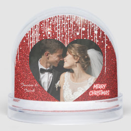 Modern Couples Photo, Red Merry Christmas Heart  Sneeuwbol