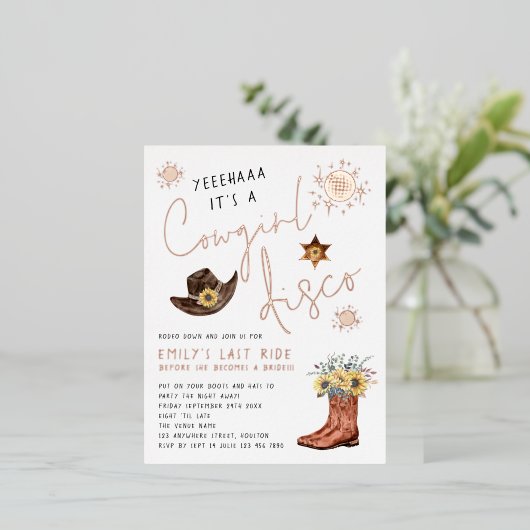 Modern Cowgirl Disco Bachelorette party Real Folie Uitnodiging Briefkaart (Staand Voorkant)