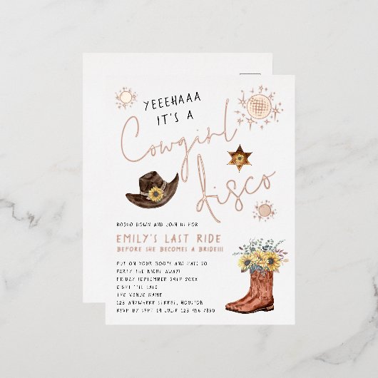 Modern Cowgirl Disco Bachelorette party Real Folie Uitnodiging Briefkaart (Voorkant / Achterkant)