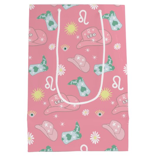 Modern Cowgirl Leo Zodiac Pattern Boho Pink Medium Cadeauzakje (Achterkant)