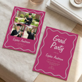 Modern Cranberry Pink Photo Collage Graduation Kaart