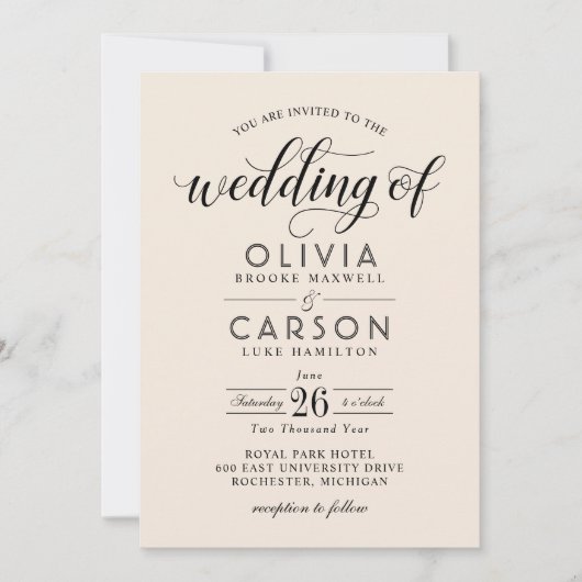 Modern Cream and Black Script Wedding Kaart (Voorkant)