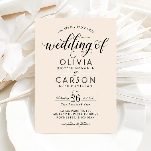Modern Cream and Black Script Wedding Kaart