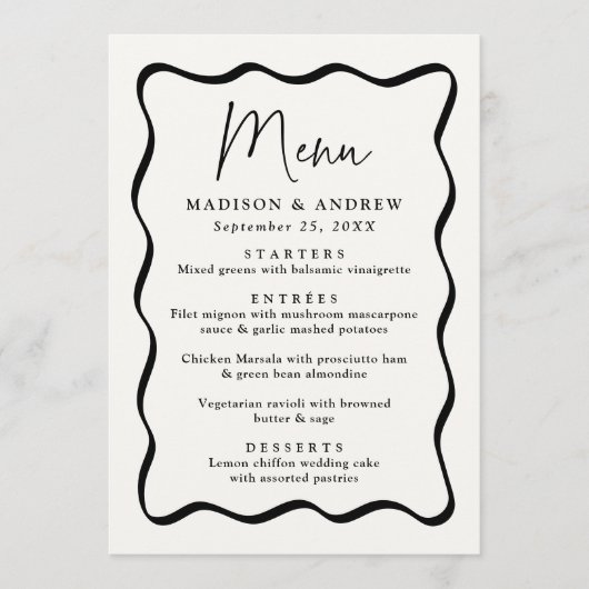 Modern Cream and Black Wavy Lijst Bruiloft Menu (Voorkant)
