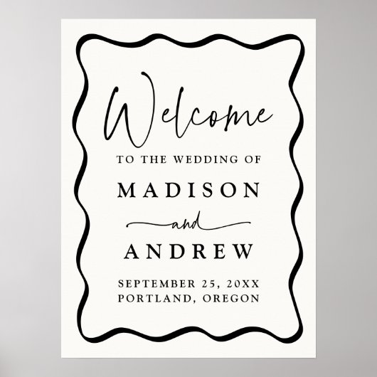 Modern Cream and Black Wavy Lijst Bruiloft Welkom Poster (Voorkant)