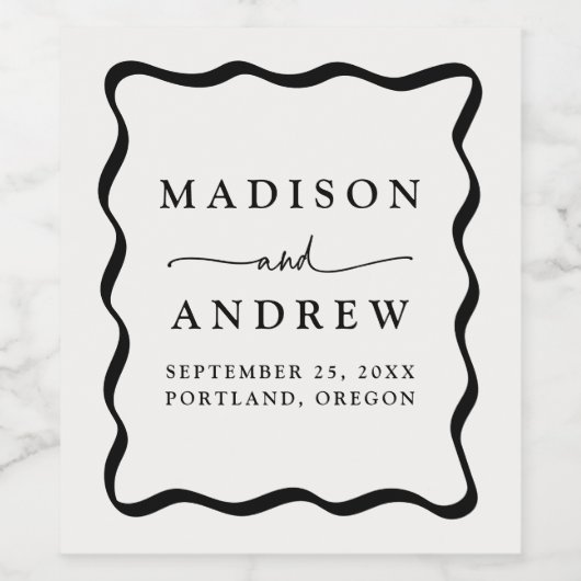 Modern Cream and Black Wavy Lijst Bruiloft Wijn Etiket (Enkel label)