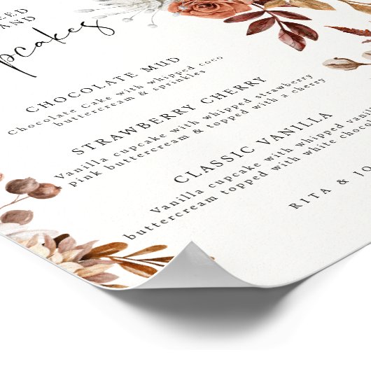 Modern Cream Boho Cupcake Menu Trouwbord Poster (Hoek)