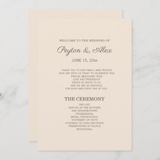 Modern Cream Brown Wedding Programme Programmakaart (Voorkant / Achterkant)