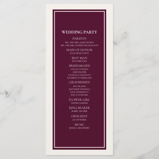 Modern Cream Burgundy Wedding Programme Programmakaart (Achterkant)